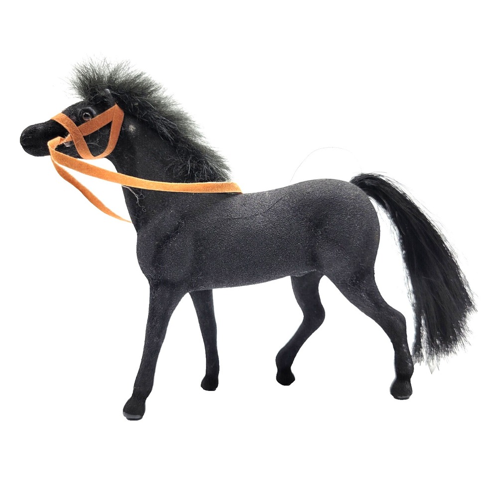Vintage Flocked Plastic Horse Toy Figurine Pony Foal Black/Dark Gray 4.75"